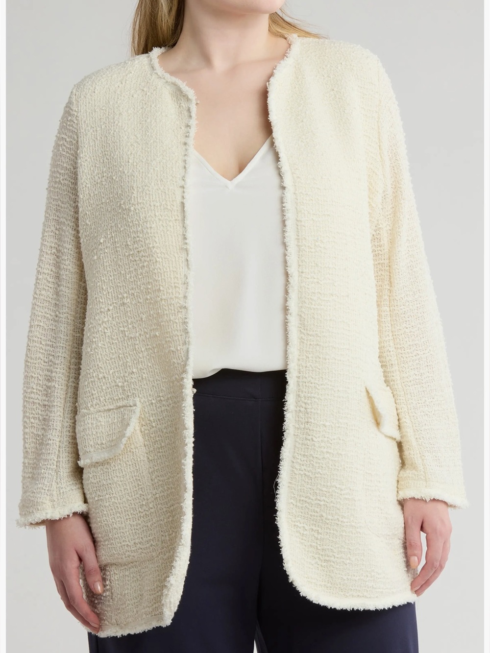 Max Studio London Cream Bouclé Open Front Cardigan Frayed Trim Hem Classic
